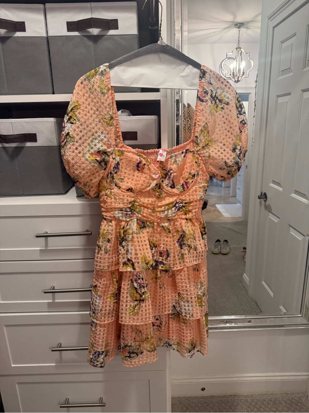 Peach Floral Puff Sleeve Tiered Mini Dress